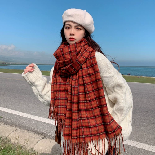 Красный цветной зимний шарф, зимняя розовая ретро удерживающая тепло накидка для школьников, в корейском стиле, коллекция 2022