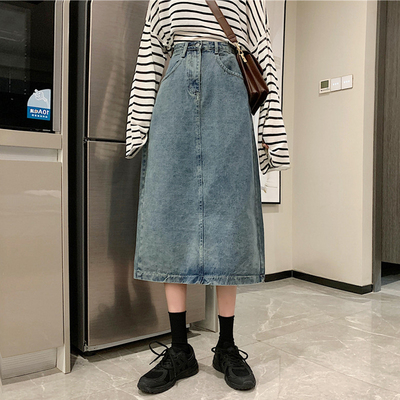 taobao agent Retro summer long denim skirt, plus size, mid-length, high waist, A-line