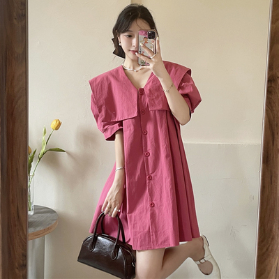 taobao agent Shirt, summer dress, skirt, plus size, puff sleeves, fitted, A-line