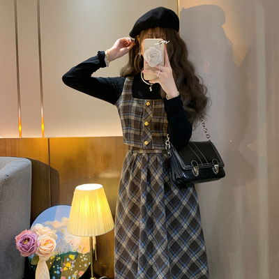 taobao agent Retro plaid vest, autumn top, skirt, plus size, three piece suit