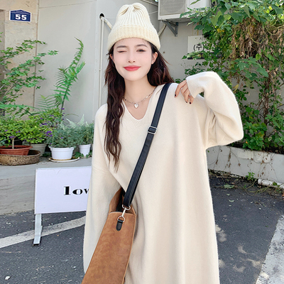taobao agent Hat with hood, autumn knitted dress, autumn dress, long woolen dress, plus size, mid-length