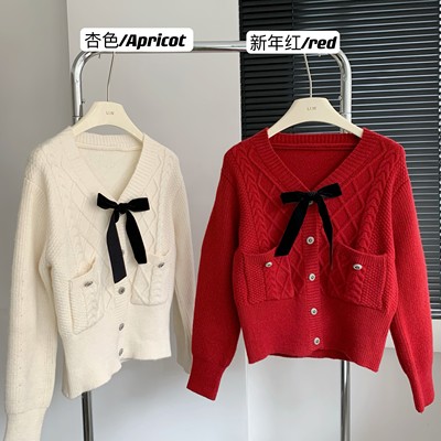 taobao agent Demi-season red sweater, cardigan, Chanel style, V-neckline