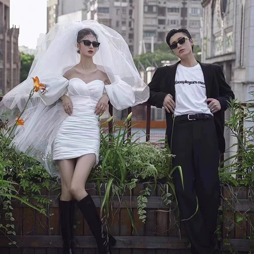 Реквизит для фотографии, свежее короткое свадебное платье для влюбленных, рукава фонарики