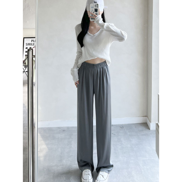 Pantalon large bleu acide acétique pour femme, pantalon ample décontracté, taille haute, en satin et soie glacée, printemps et automne_voghion.com