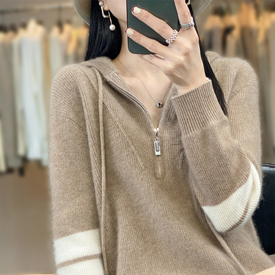 taobao agent Demi-season velvet universal woolen sweater with hood with zipper, scarf