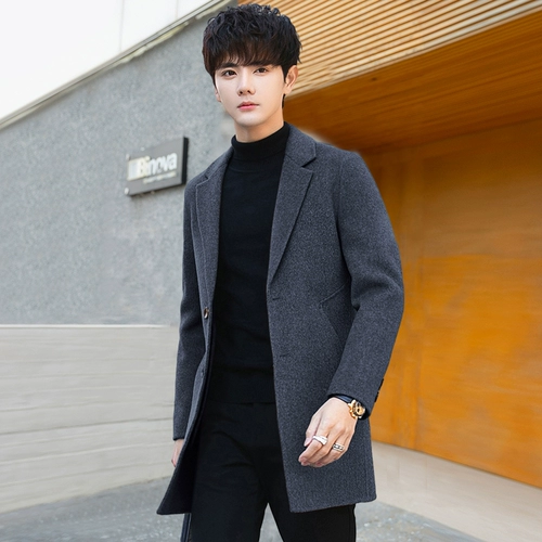Двусторонний длинный демисезонный кашемир для мальчиков, куртка, шерстяное шерстяное пальто, в корейском стиле, увеличенная толщина