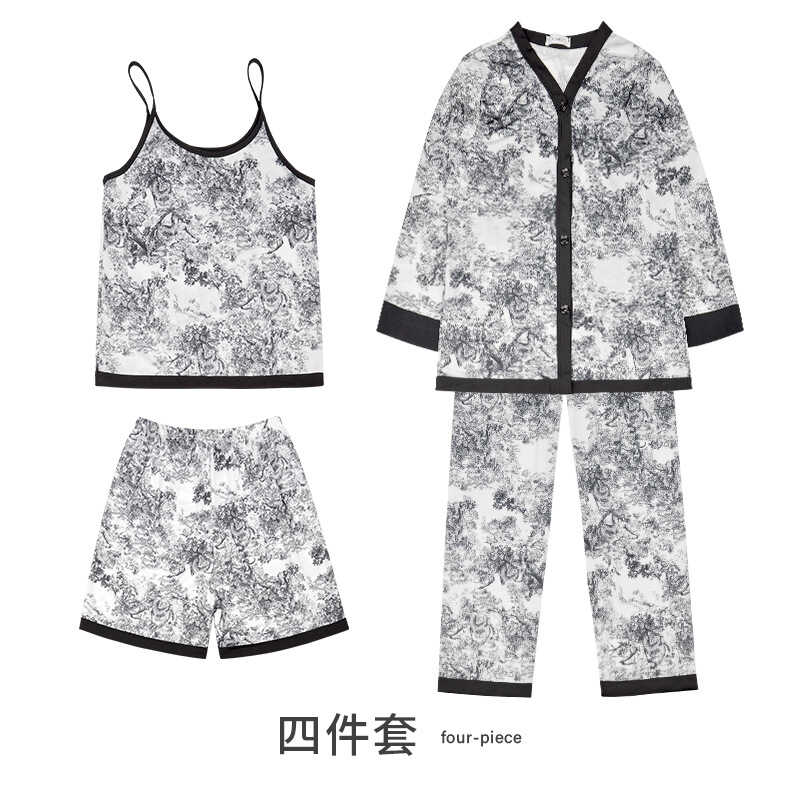 Four-piece pajamas set, long sleeves, trousers, suspenders, shorts
