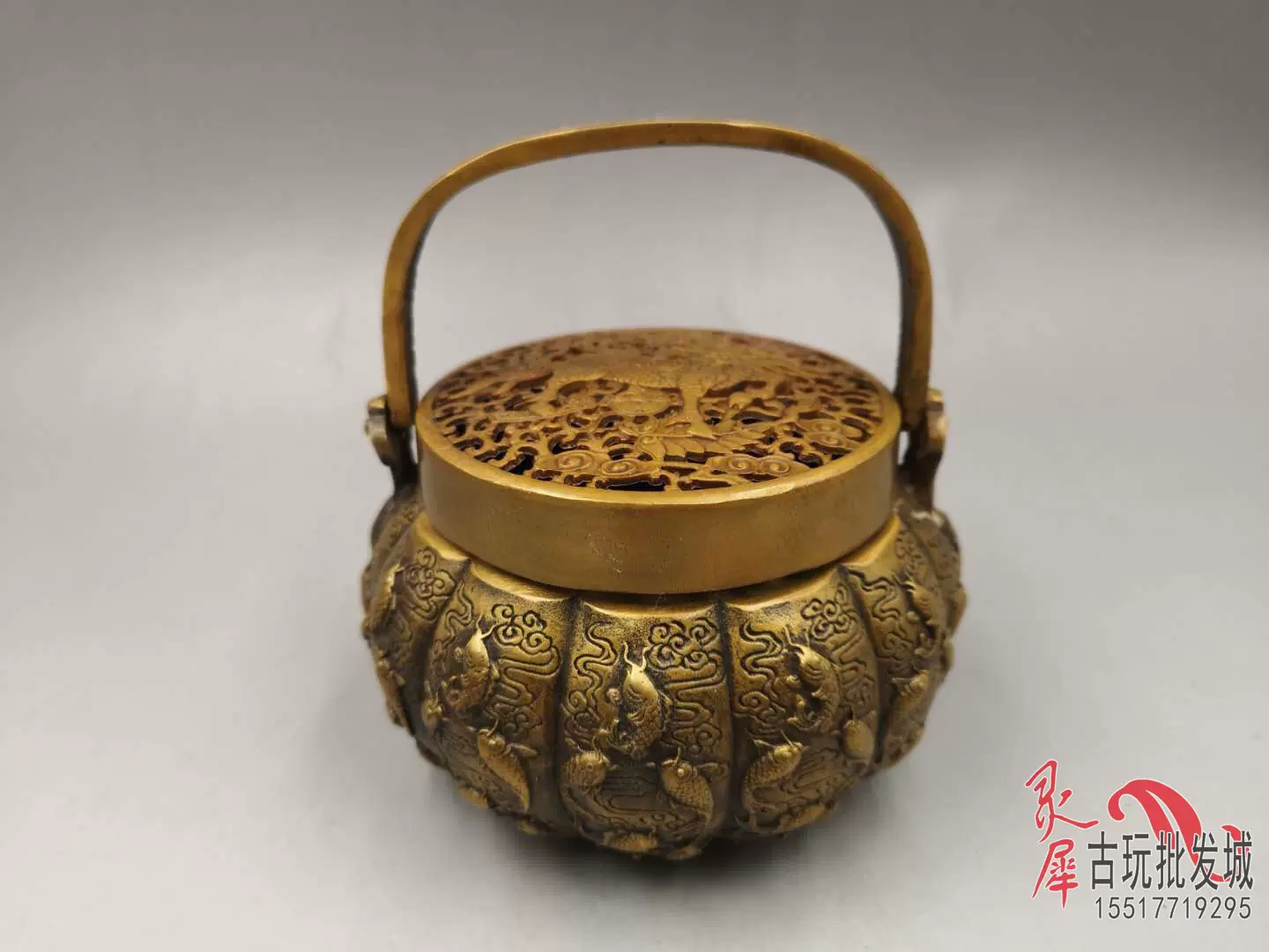 時代金工 古銅銀象嵌工場文様 花入 時代箱付 M R3921 - 金属工芸