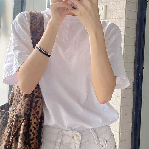 Летняя белая цветная хлопковая футболка, коллекция 2022, круглый воротник, короткий рукав, в корейском стиле