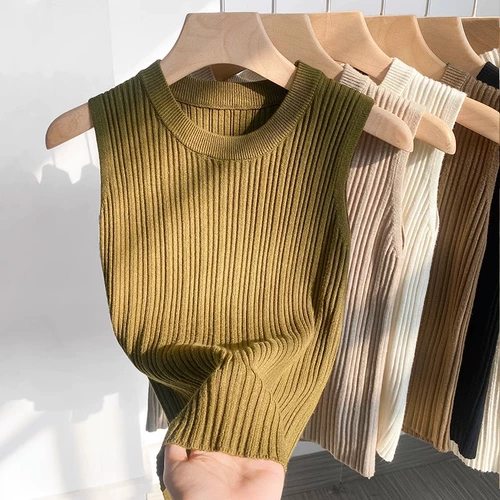 Трикотажная майка топ без рукавов, летний базовый приятный телу костюм, французский стиль, облегающий крой