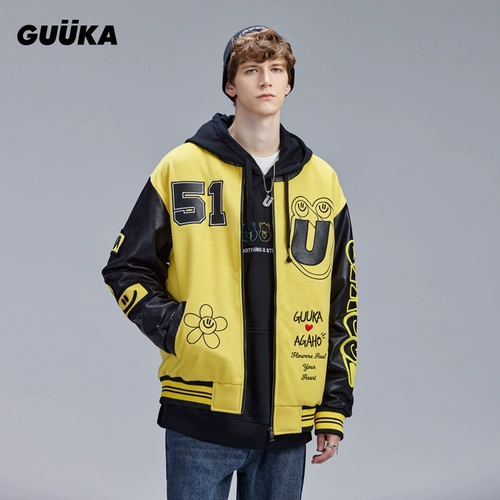 Желтая бейсбольная форма, мужская полиуретановая зимняя куртка, в американском стиле, свободный крой