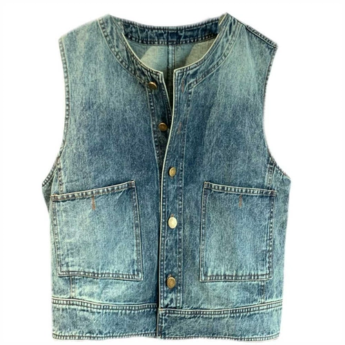 Джинсовый жилет, летняя куртка без рукавов, круглый воротник, яркий броский стиль, по фигуре