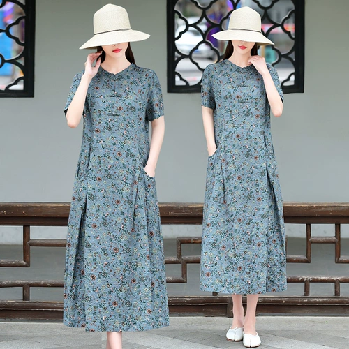 Оригинальное платье, свежая юбка, из хлопка и льна, средней длины, свободный крой, по фигуре, цветочный принт