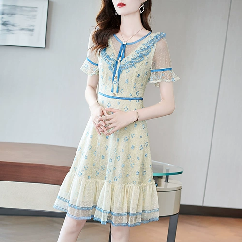 Синее кружевное летнее приталенное длинное платье, цветочный принт, А-силуэт