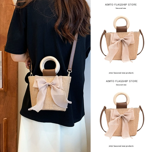 Соломенная портативная небольшая сумка с бантиком, сумка через плечо, сумка для телефона, сумка на одно плечо, 2023