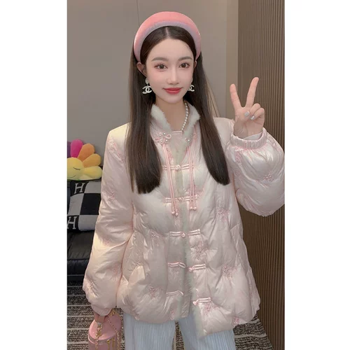 Куртка, розовый пуховик, коллекция 2022, китайский стиль, в стиле Шанель, изысканный стиль, увеличенная толщина