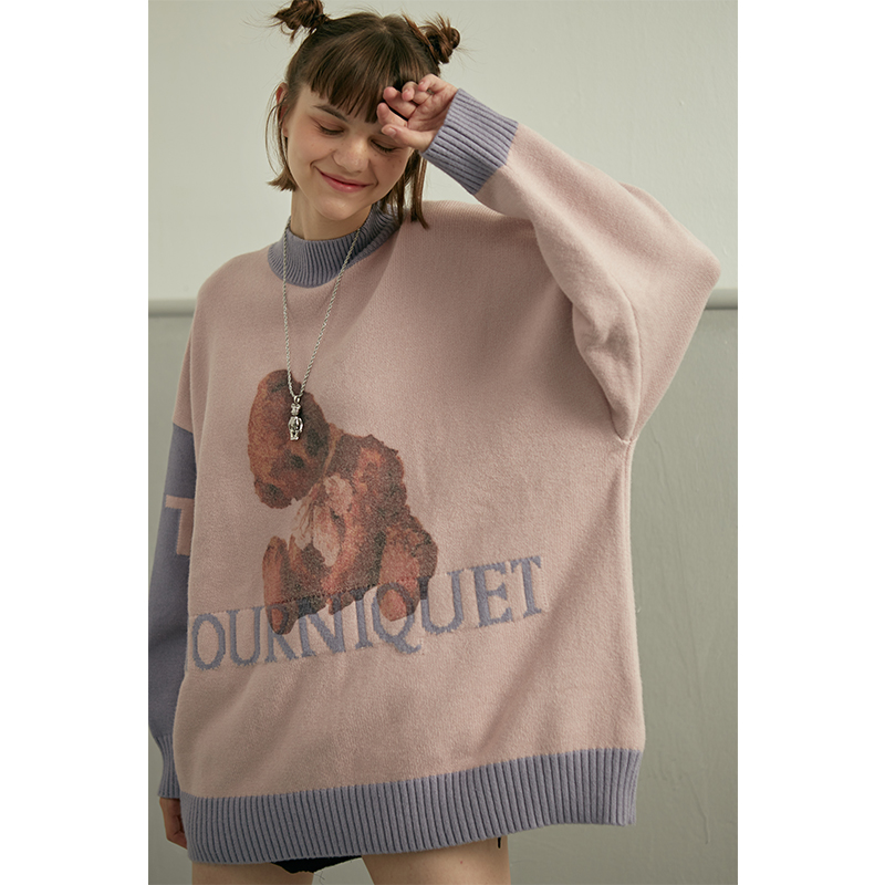 tnqt tourniquet潮牌可爱歪头小熊印花针织衫国潮宽松情侣女毛衣