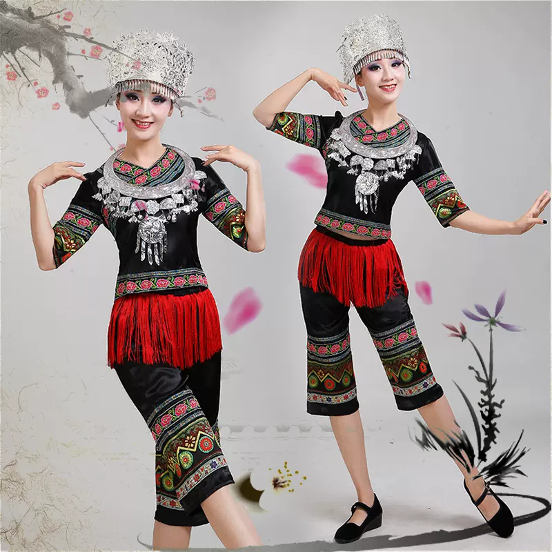 新款佤族舞蹈服装傣族花腰花演出服装佤族甩发舞蹈演出服女