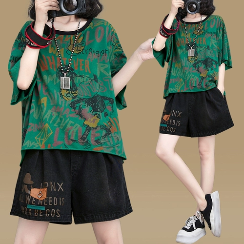 Летняя модная футболка с коротким рукавом с круглым воротником, комплект, европейский стиль, свободный крой