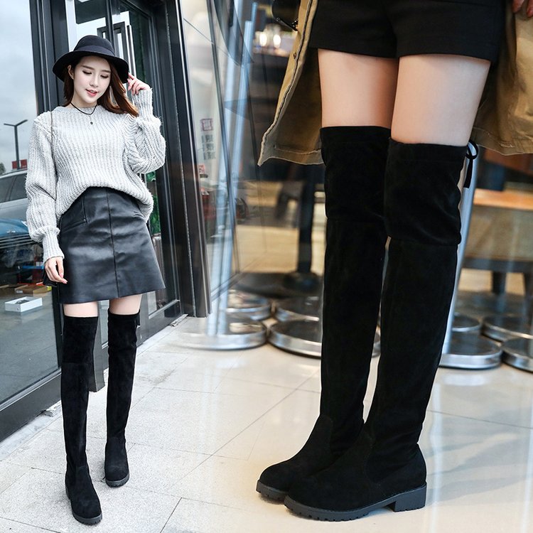2018新款冬季韩版女长靴百搭粗跟高筒靴子长筒靴过膝靴系带瘦瘦靴