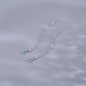 新款925纯银蓝色水滴耳线女超仙气质波浪网红星星耳坠会动的耳环