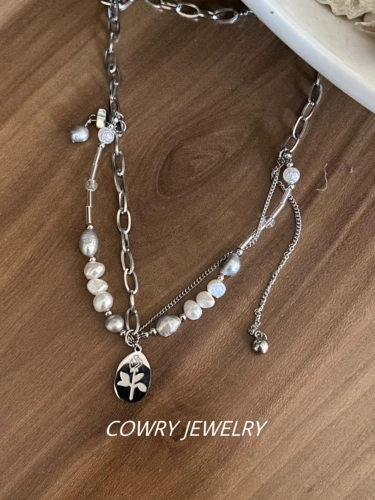 Кулон в форме розы каури, серое жемчужное ожерелье в стиле барокко, двухслойное ожерелье из титановой стали, цепочка на ключицы для горячих девушек