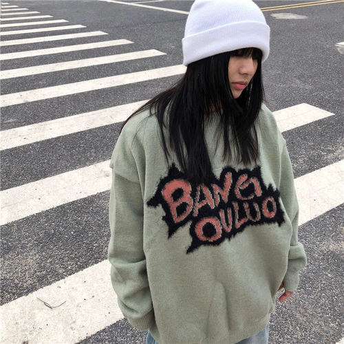 Оригинальный зеленый весенний ретро трикотажный свитер в стиле хип-хоп, в американском стиле