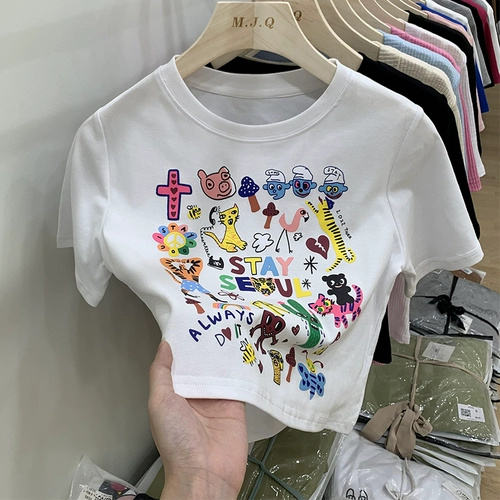 Хлопковая короткая дизайнерская мультяшная милая футболка для школьников, тренд сезона, подходит для подростков