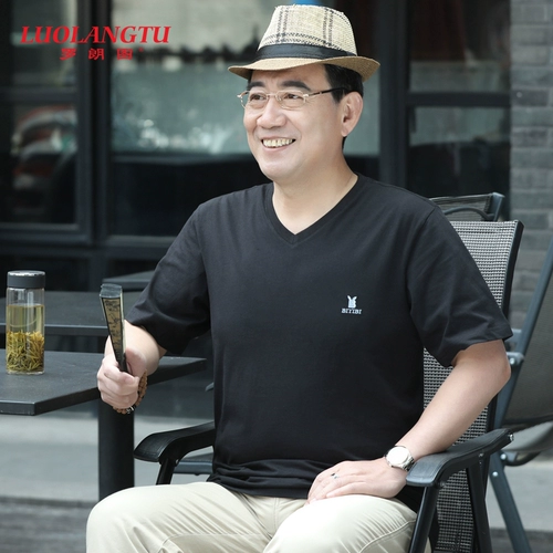 Хлопковая футболка с коротким рукавом, для мужчины среднего возраста, V-образный вырез