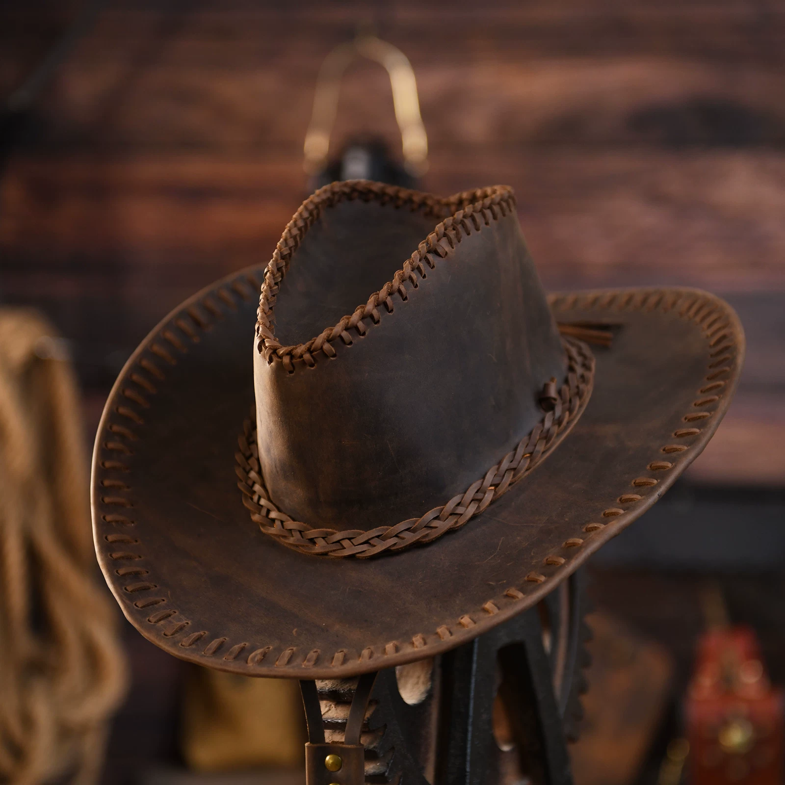 Handmade pure cowhide western cowboy hat, men's genuine leather visor knight hat, dark brown large brim cowboy hat