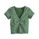 Sản phẩm mới của phụ nữ mùa hè bó sát co giãn ngắn tay cổ chữ V in họa tiết rằn ri áo thun áo thun ngắn dưới cùng áo sơ mi - Áo phông