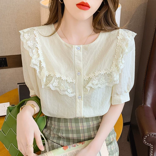 Летняя кружевная рубашка, футболка, сезон 2021, в западном стиле, короткий рукав