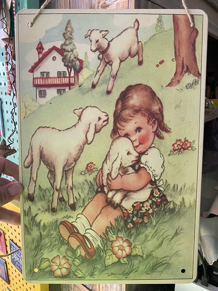 Выход внешняя торговля французский страна обнимать ягненок небольшой девушка железный лист картины