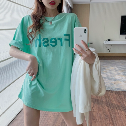 Летняя длинная хлопковая футболка с коротким рукавом, короткий рукав, средней длины