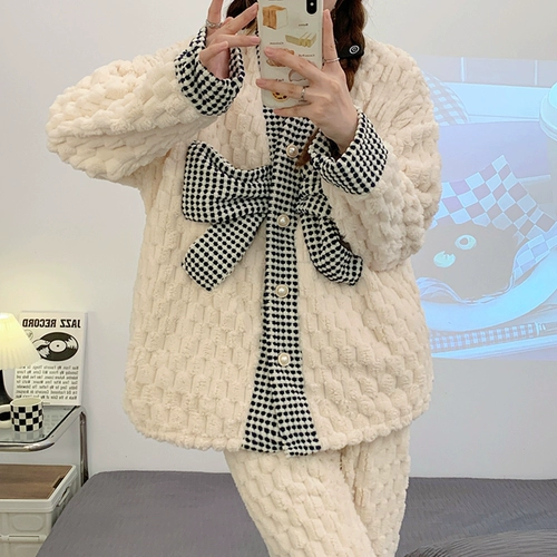 Коралловая бархатная зимняя флисовая демисезонная пижама с бантиком, увеличенная толщина, популярно в интернете