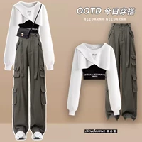 Комплект, штаны, осенняя толстовка, с лямками, осенний, городской стиль, коллекция 2023