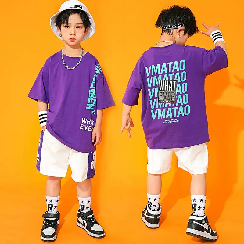 儿童街舞潮服夏男童宽松短袖hiphop爵士舞套装少儿潮牌
