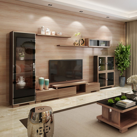 超大电视柜组合茶几套装实木背景墙柜壁挂柜简约影视柜隔板木色12
