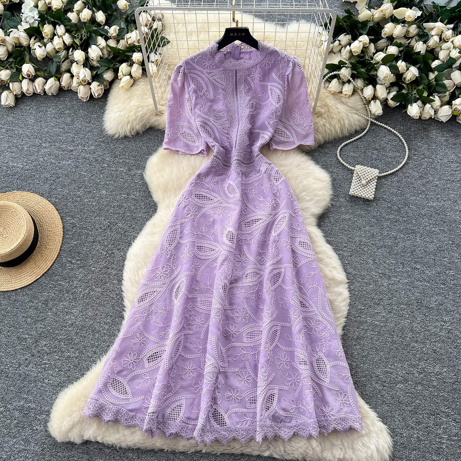 French high-end retro heavy industry embroidered waist short-sleeved dress - Purple