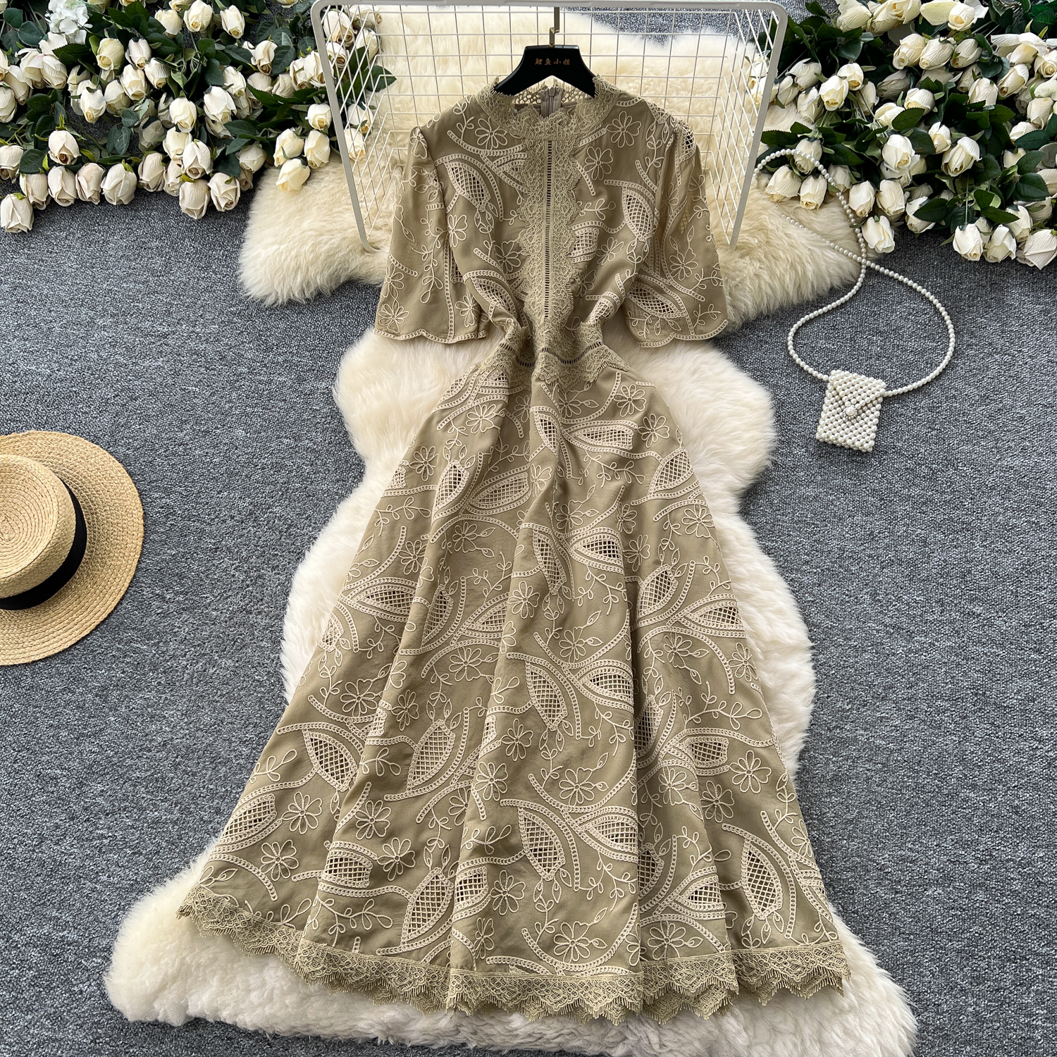 French high-end retro heavy industry embroidered waist short-sleeved dress - camel