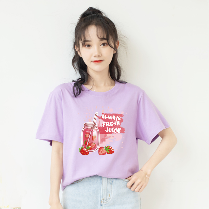 纯棉短袖t恤女2025新款爆款夏季正肩女士紫色上衣服宽松显瘦半袖