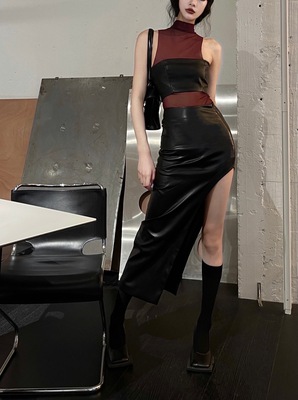 taobao agent 0122StePll design is asymmetric slit leather skirt American street high -waisted lean sexy sexy hip skirt
