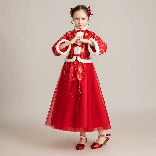 Красное детское утепленное ханьфу, осенний пуховик, китайский стиль