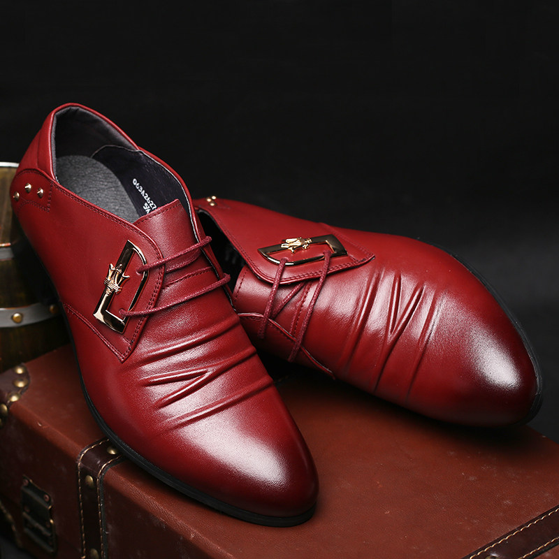 男士皮鞋真皮商务正装皮鞋男韩版尖头时尚潮鞋红色结婚鞋系带单鞋