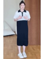 Jinggu Leilei's pet pink fat mm contrasting color stitching shirt collar knitted dress women's summer plus size slimming skirt