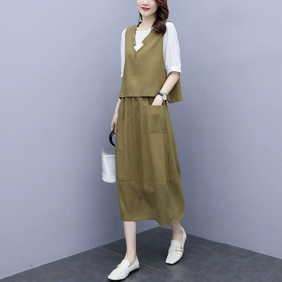 Платье, юбка, модная летняя одежда, тонкий комплект, из хлопка и льна, коллекция 2023, городской стиль, 3 предмета