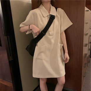 Летнее платье с коротким рукавом, юбка, большой размер, воротник поло, свободный крой, яркий броский стиль, А-силуэт