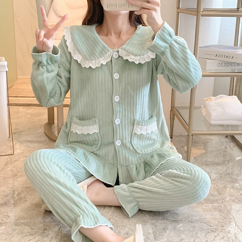 Зеленый наряд маленькой принцессы, зимняя утепленная пижама, коралловый бархатный демисезонный кардиган, утепленный лонгслив, фланелевый комплект