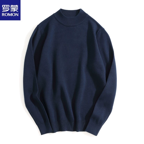 Мужской шерстяной демисезонный трендовый синий трикотажный свитер, высокий воротник, оверсайз, в корейском стиле