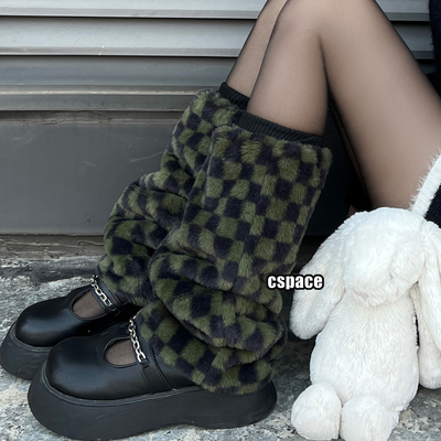 taobao agent Black -green chessboard grid socks covering autumn and winter plus velvet personality calf socks imitating fur sub -cultural leggings cover